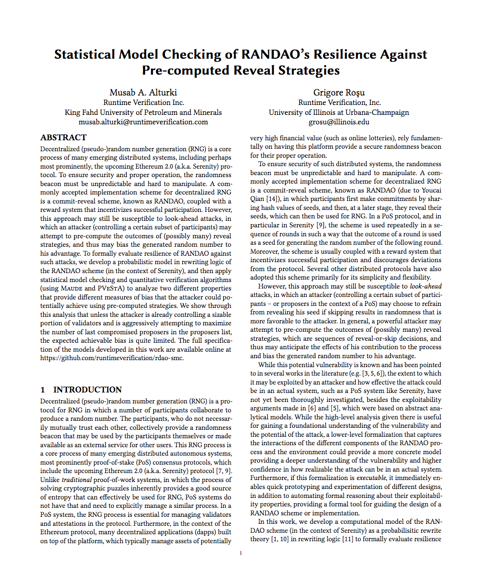 Statistical Model Checking of RANDAO\u2019s Resilience AgainstPre-computed Reveal Strategies