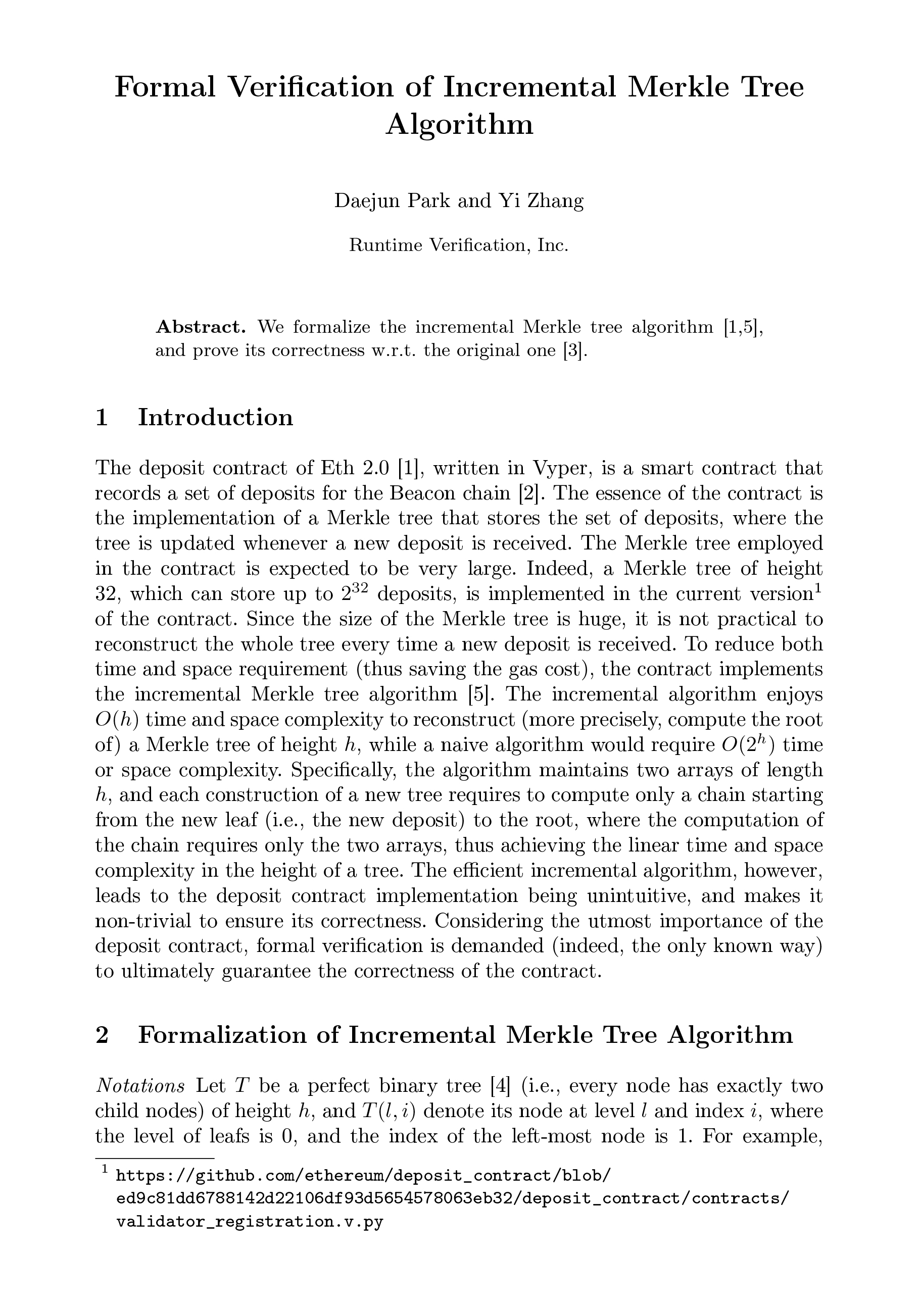 Formal Verification of Incremental Merkle Tree Algorithm